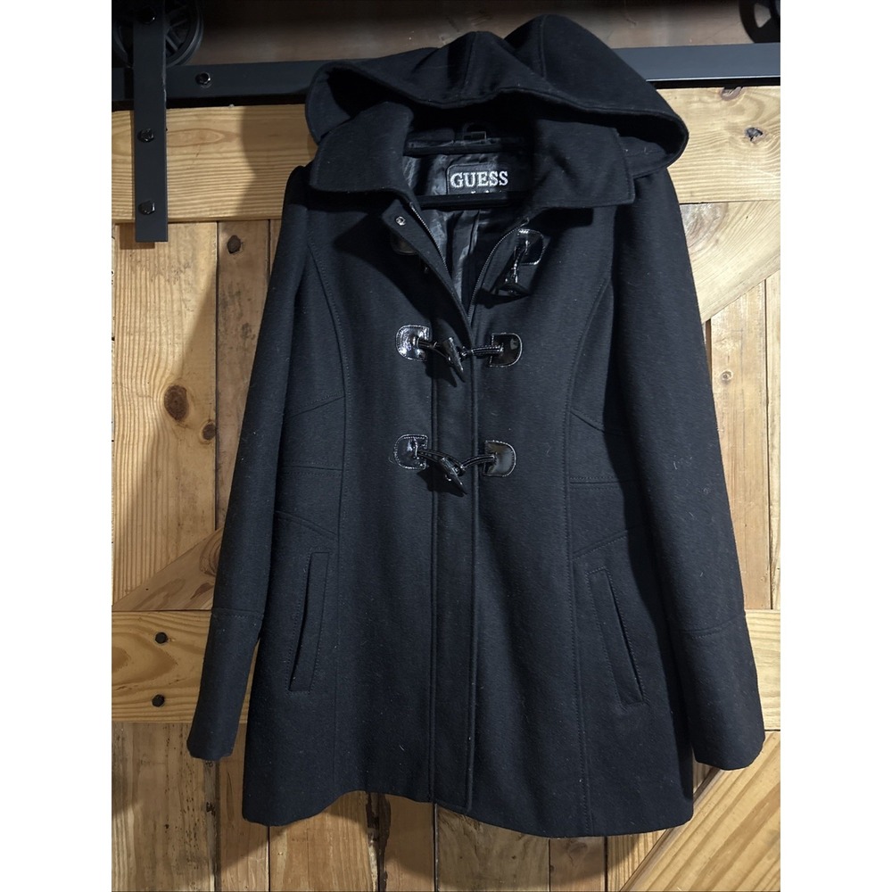 Guess Pea Coat womens Large Y2K Wool Blend Toggle Zipper Removable Hood Black